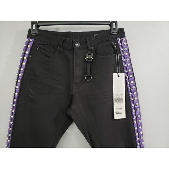 Mens Jeans Woolf Urban Style Size 32X32 Skinny BlacK Purple Hip Hop Rhinestone - Picture 2 of 7
